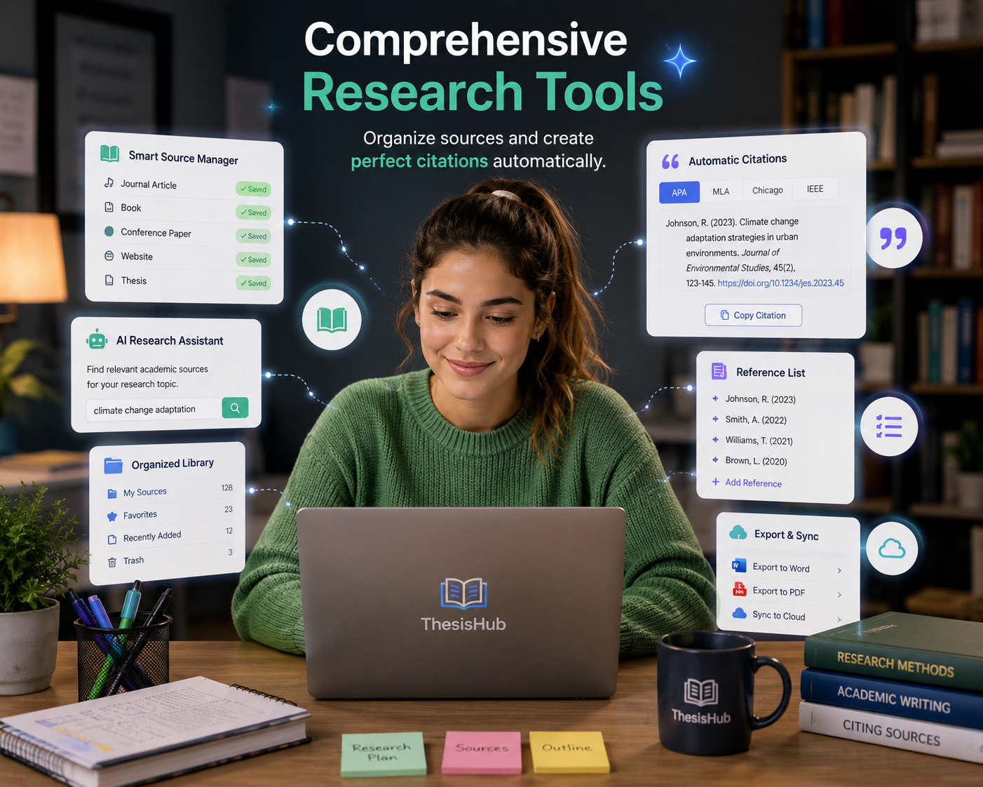 Student using ThesisHub research and citation tools