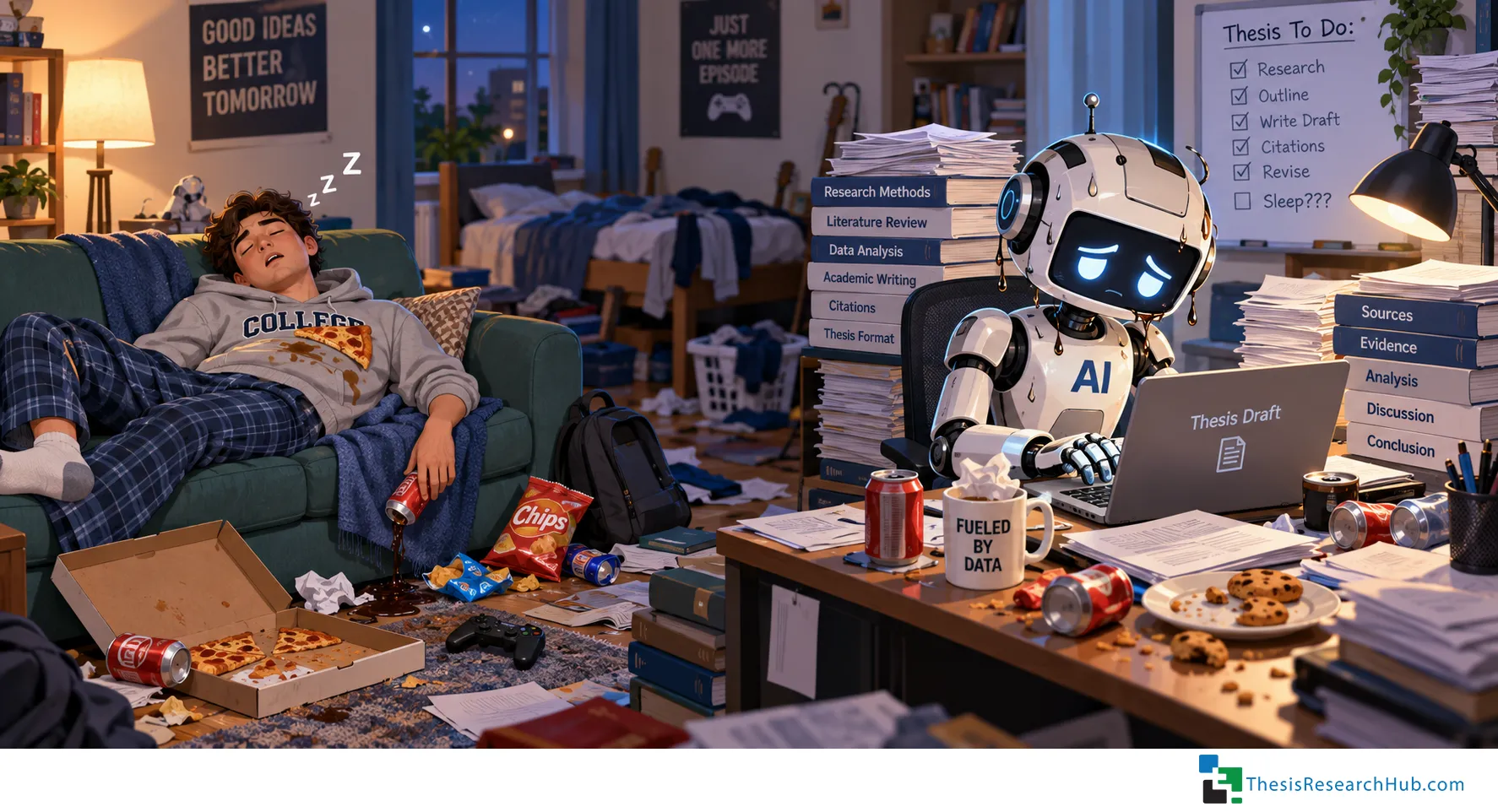 Humorous illustration of a student sleeping while an overworked robot attempts to write the thesis, illustrating why AI should assist the researcher rather than replace them.