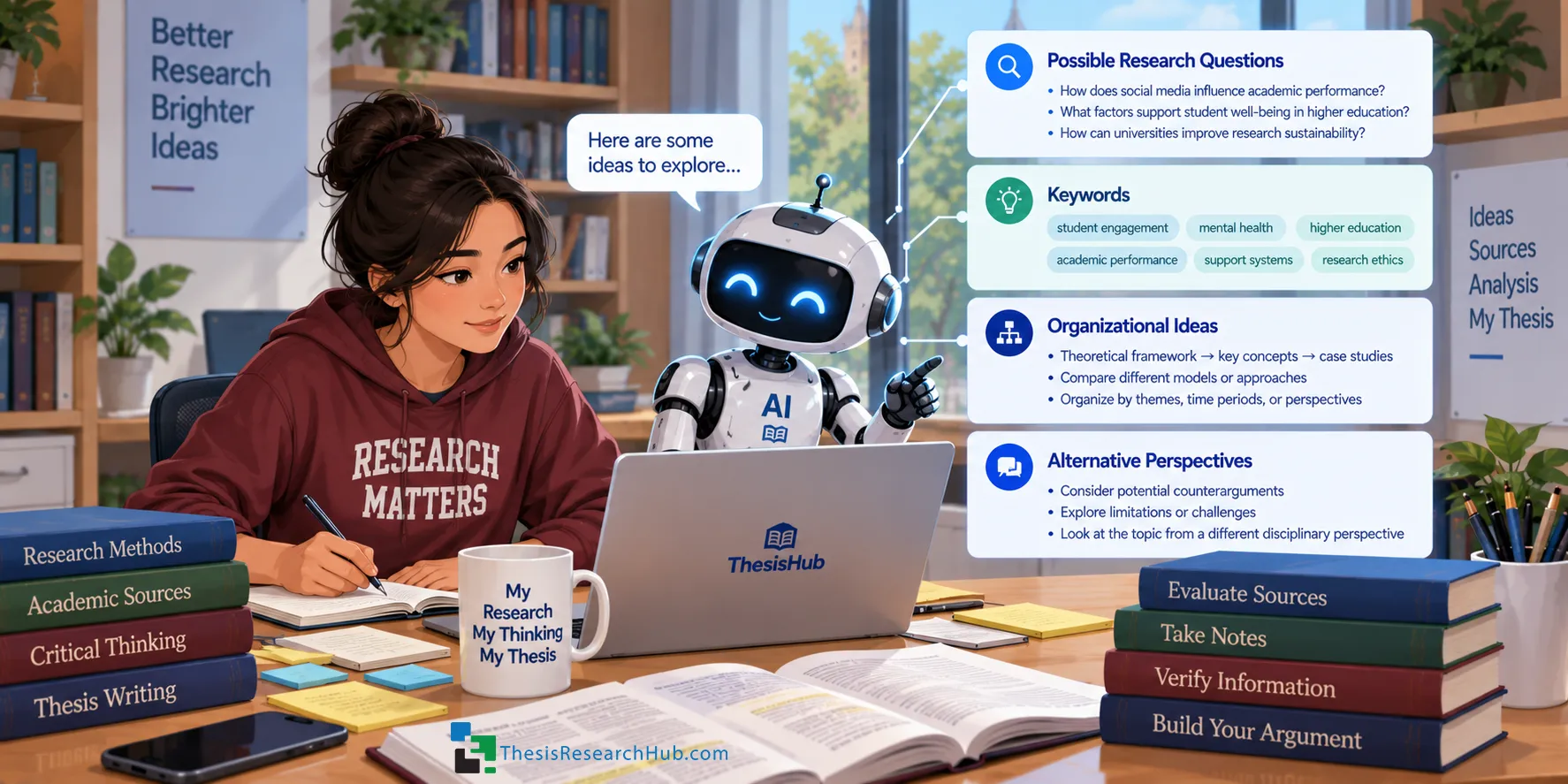 Illustration showing a student using AI to explore research questions, keywords, organizational possibilities, and alternative perspectives while independently evaluating sources and developing the research.