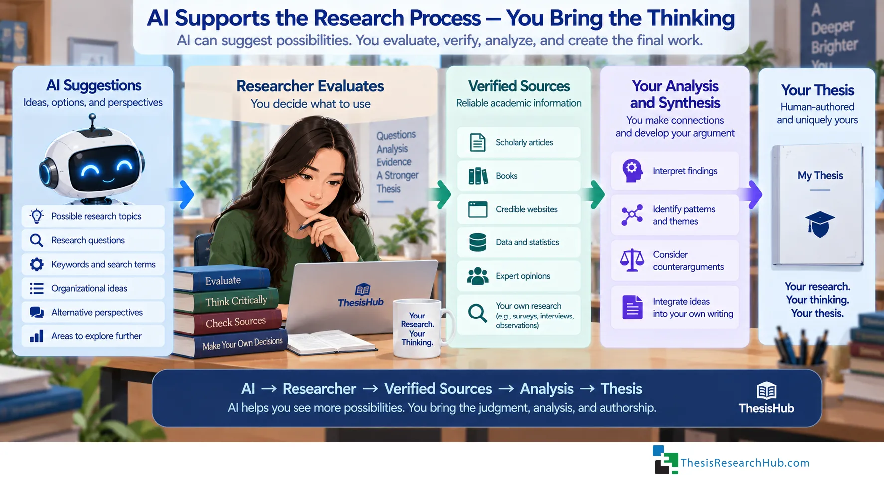 Illustration showing AI suggestions passing through the researcher for evaluation, verification, analysis, and academic judgment before contributing to the final thesis.