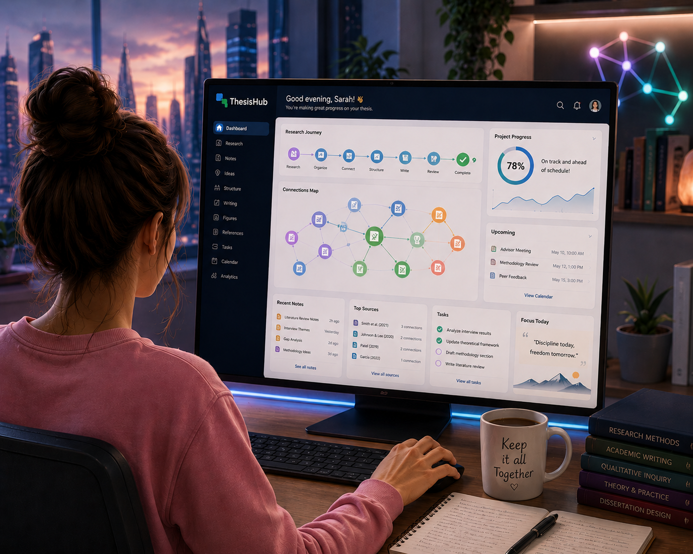Researcher using a modern ThesisHub workspace showing connected research, progress, sources, notes, tasks, and the research journey.