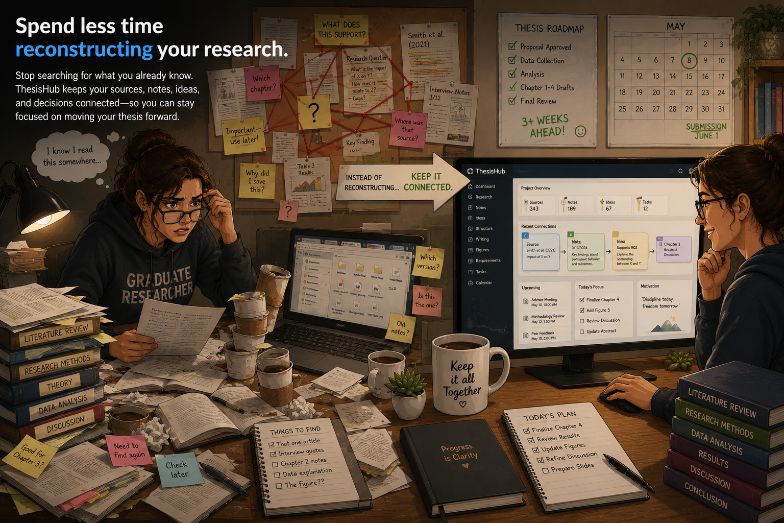 Graduate researcher comparing scattered disconnected research with an organized ThesisHub workspace where sources, notes, ideas, and thesis work remain connected.