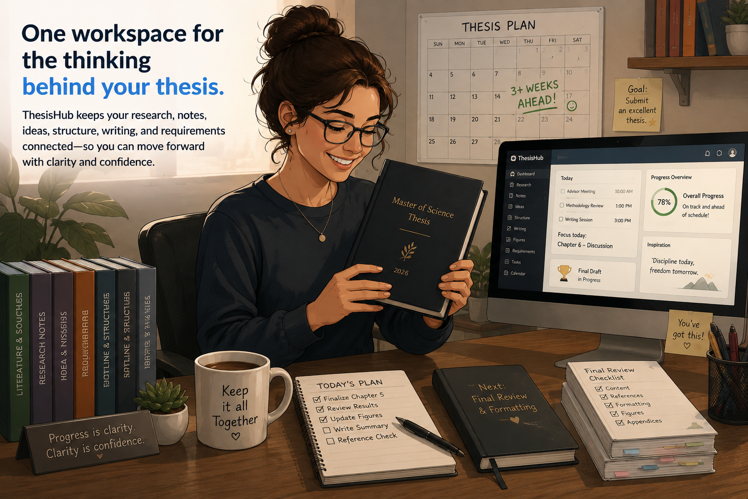 Graduate student smiling while admiring her completed thesis in a clean organized workspace with her research progress ahead of schedule.