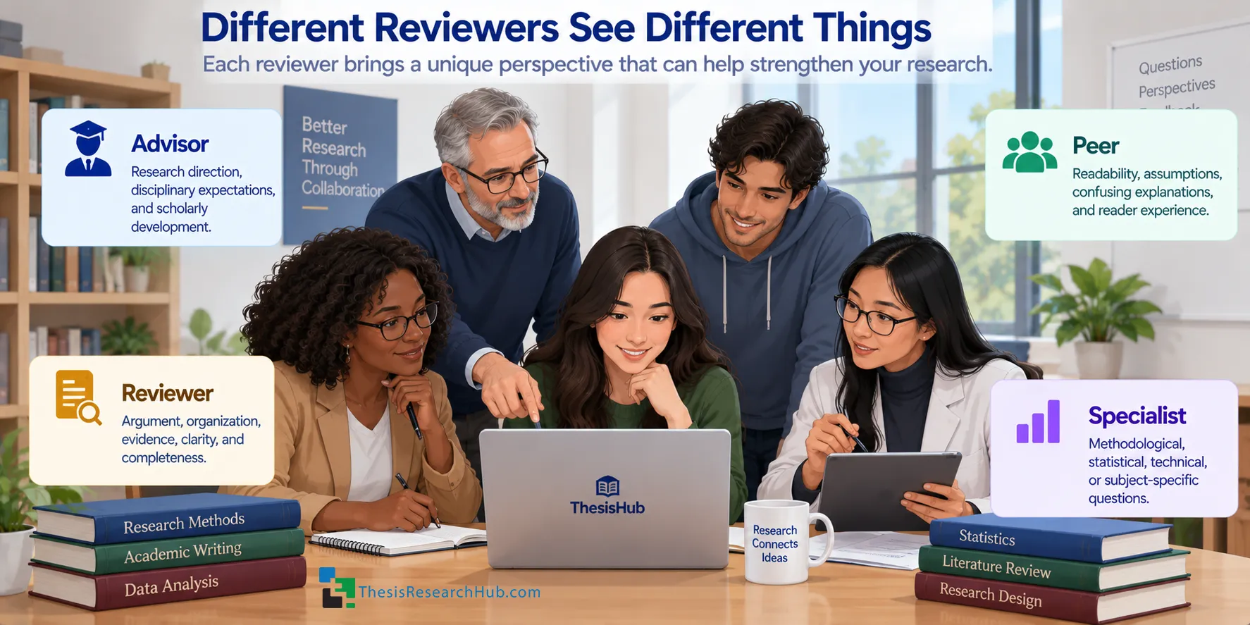 Illustration showing an advisor, reviewer, peer, and specialist examining the same research project from different academic perspectives.