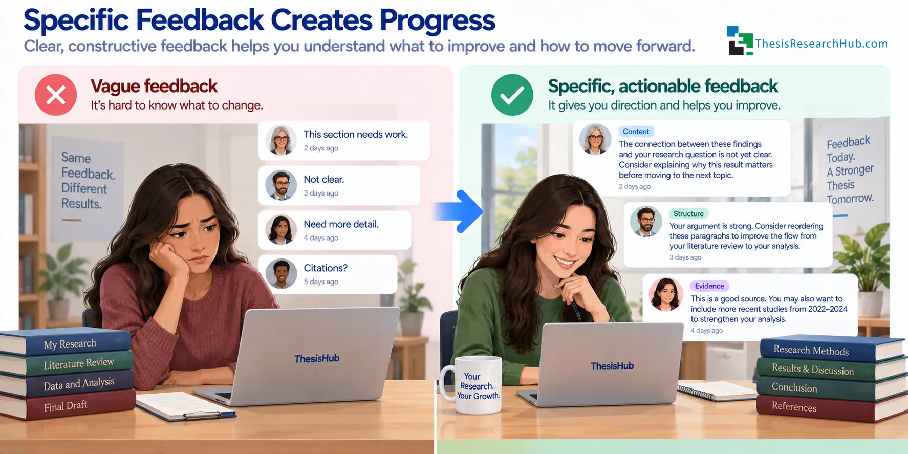 Illustration comparing vague academic feedback with specific actionable feedback that identifies a problem and helps guide revision.