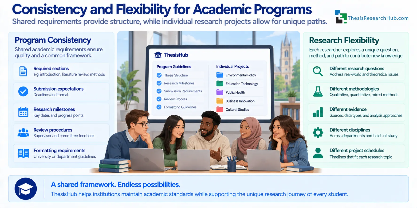 Illustration comparing shared academic program requirements with flexible student research paths, methodologies, evidence, and project schedules.