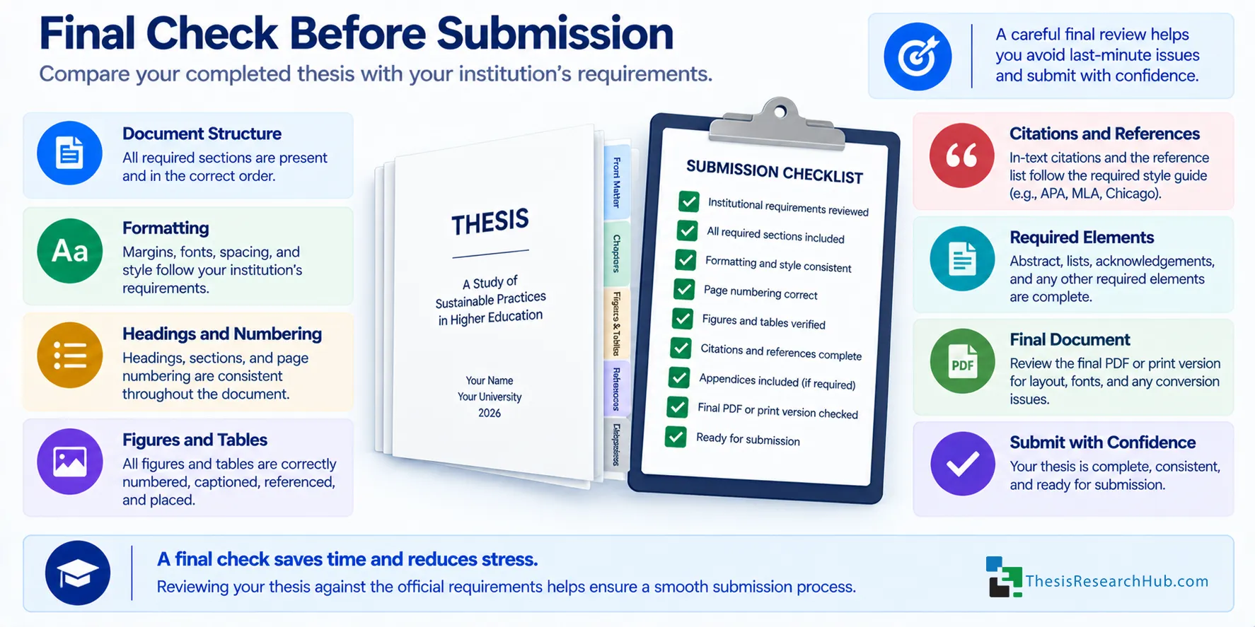 Illustration showing a final thesis manuscript being checked against institutional formatting and submission requirements before submission.