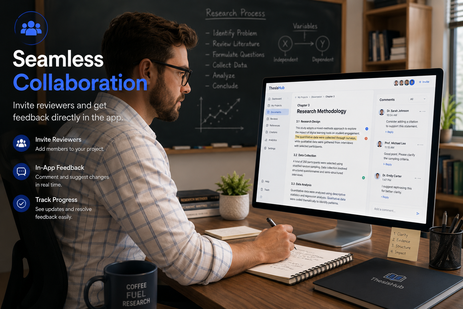 Professor reviewing and providing feedback in ThesisHub